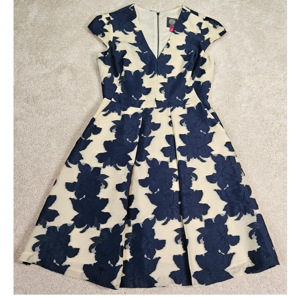 Vince Camuto Dress Womens 2 Ivory‎ Navy Embroidered Organza Floral Fit and Flare